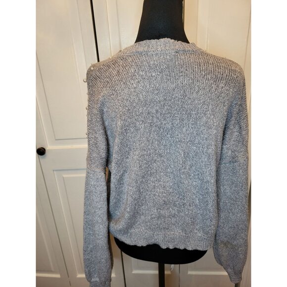 Gray Cropped Sweater Pearl Accent Belle L Feminine Dainty Embellished Fairy - Picture 2 of 6